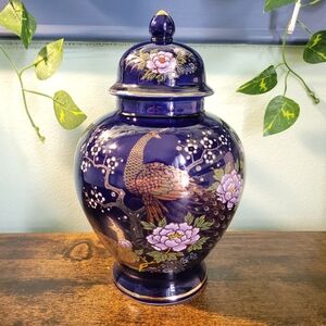 Vintage Made in Japan Peacock Ginger Jar Cobalt Gold Chinoiserie Luxury